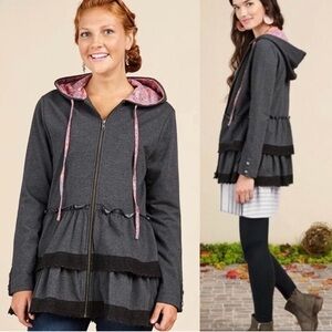 MATILDA JANE Wise And Wonderful Gray Pink Hoodie Jacket Ruffles Floral Sz L Boho